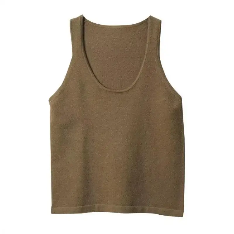 Maxdutti Minimalist Women's Fashion Olive Green Elegant Top In Southern France Sleeveless Knitted T-shirt Woman Clothes Tank Top