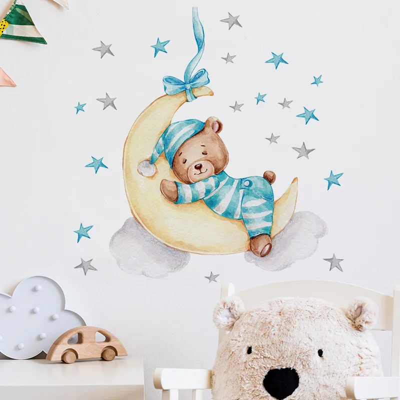 Adesivi murali per cameretta orsacchiotto che dorme sulla luna decalcomanie da parete per bambini camera da letto Baby Nursery Wall Sticker