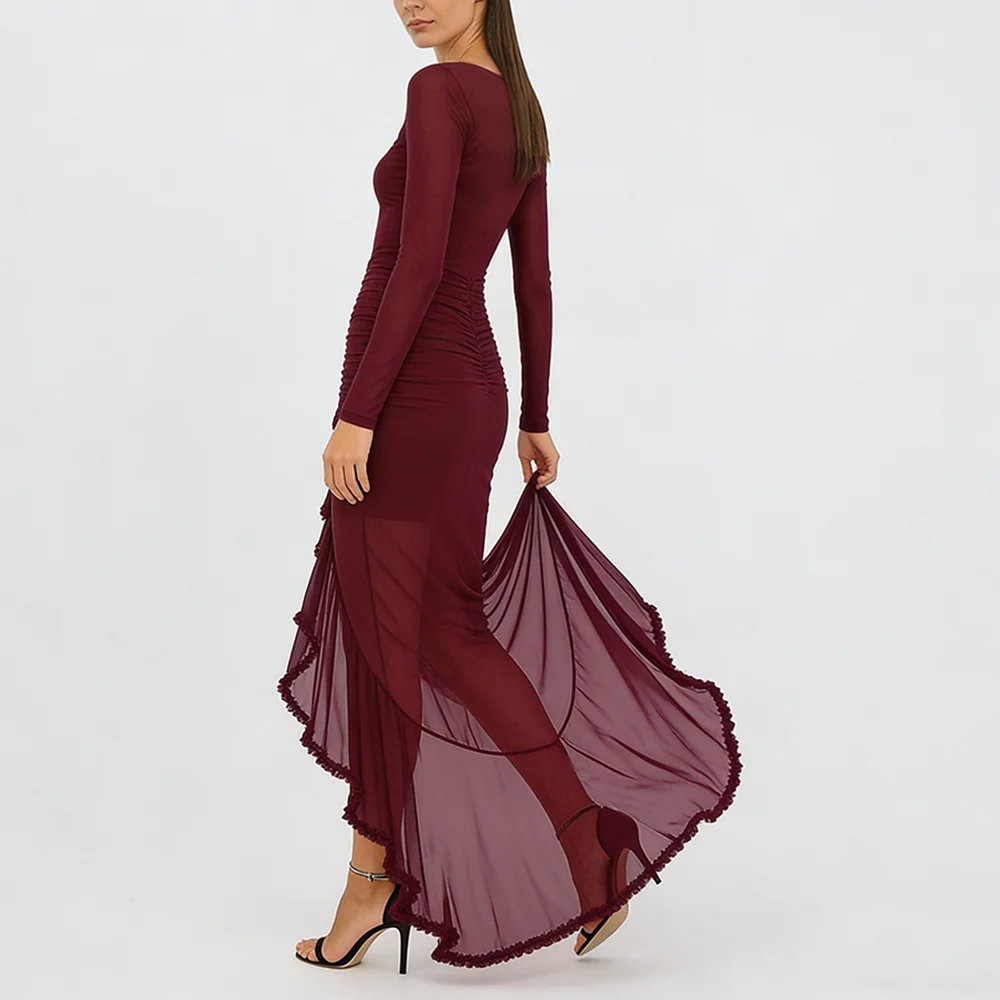 Robe longue élégante pour femme, col en V, transparente, à volants, manches longues, en dentelle plissée, couleur unie, sexy, pour soirée