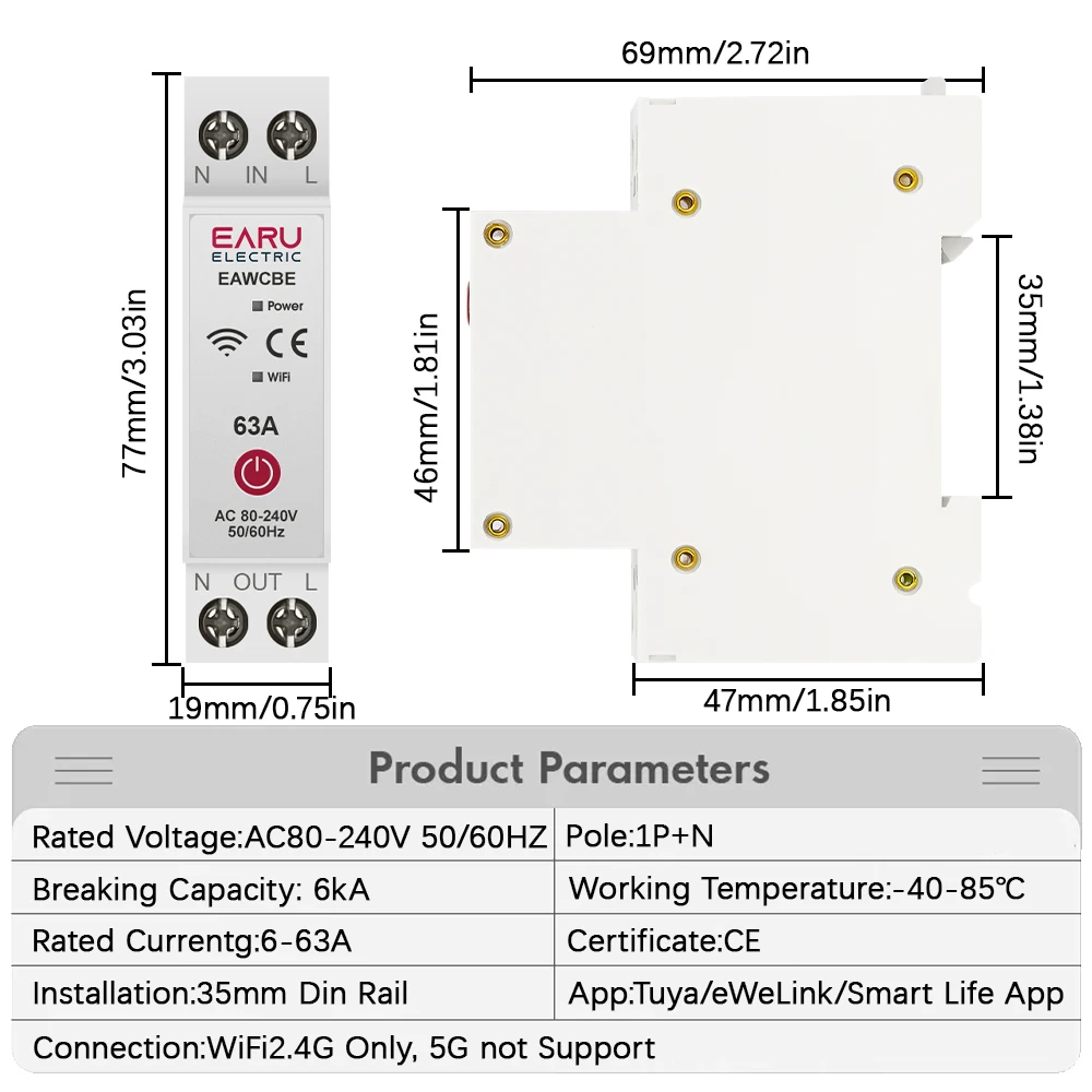 Tuya eWeLink WiFi Smart Circuit Breaker Timer Relay Switch Remote Control 1P+N 63A Power-off Memory Alexa Google Home Assistant