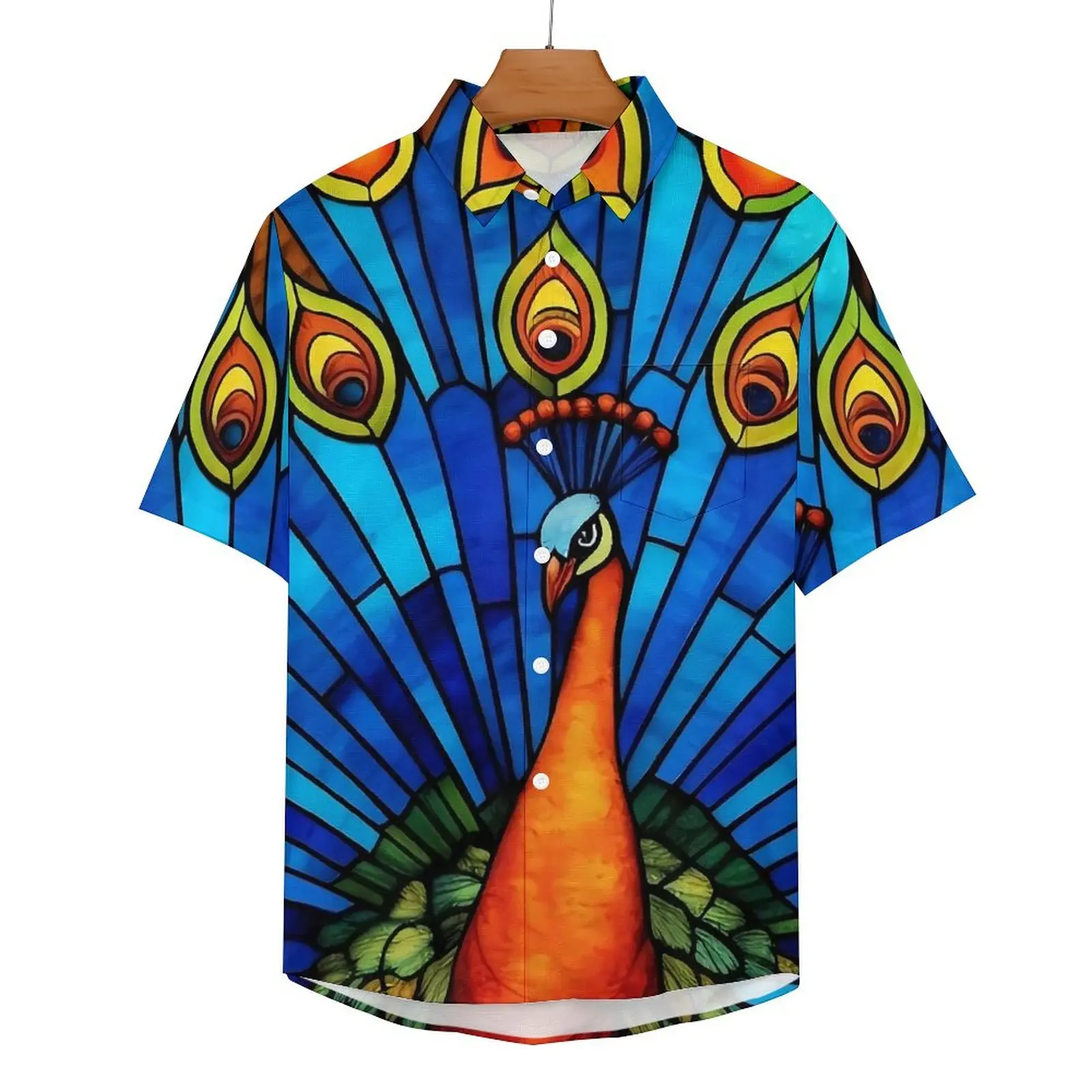 

Peacock Painting Beach Shirt Stained Glass Hawaii Casual Shirts Man Fashion Blouses Short Sleeve Graphic Clothing 3XL 4XL