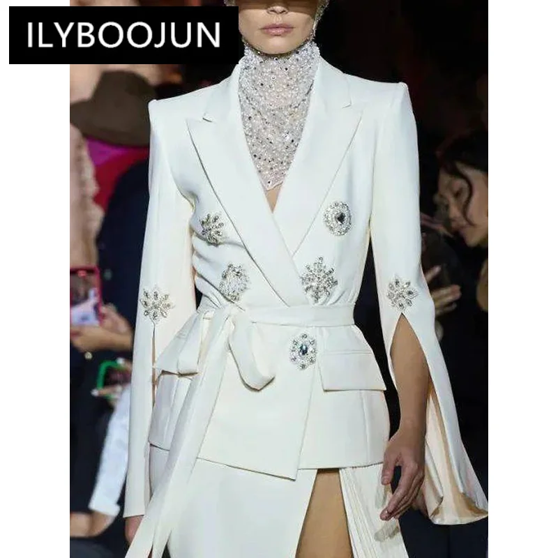 

ILYBOOJUN Newest Fashion 2024 Designer Jacket Women's Slit Sleeve Rhinestone Diamonds Beading Belted Blazer