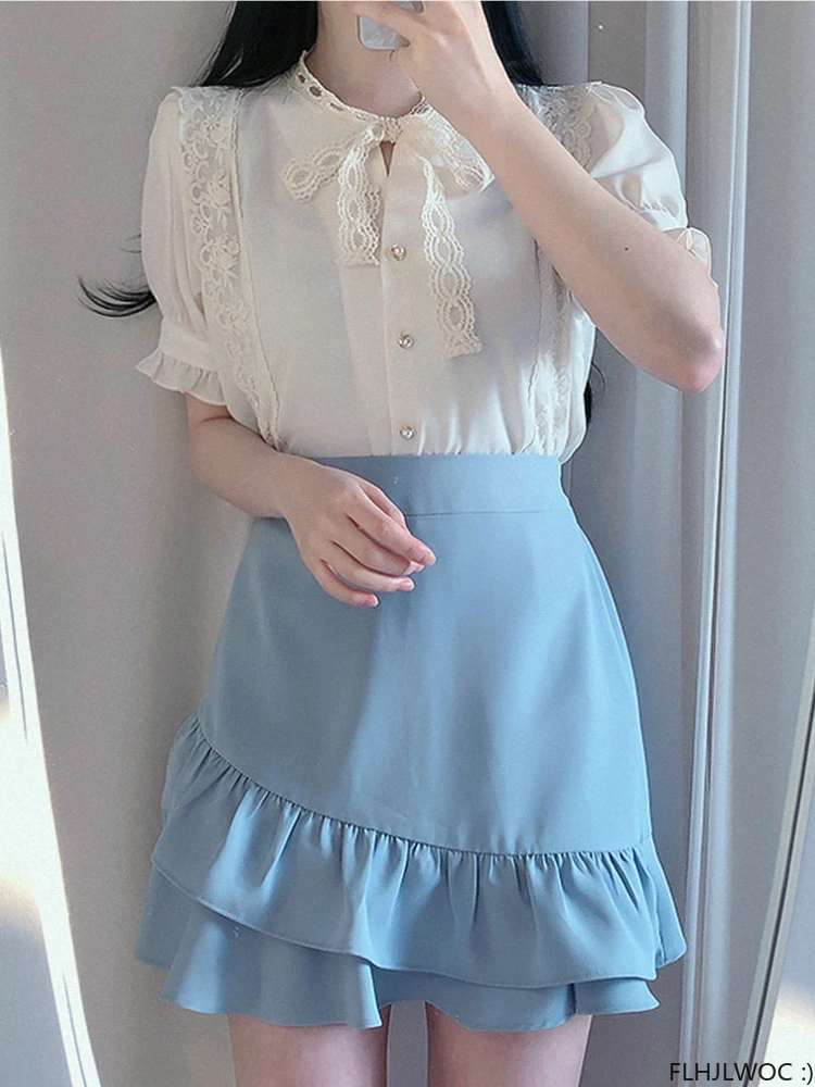 Cute Sweet Girls Japan Korea 2022 Woman Ribbon Bow Tie Retro Vintage Tops Blusas Preppy Style Ruffles Lace White Button Shirts