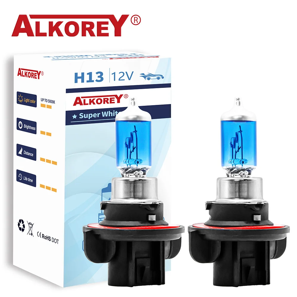 

ALKOREY 2 Pcs H13 9008 12V 60/55W 5000K Car Headlight Bulbs High Beam Low Beam Super White Lights Auto Halogen Lamps