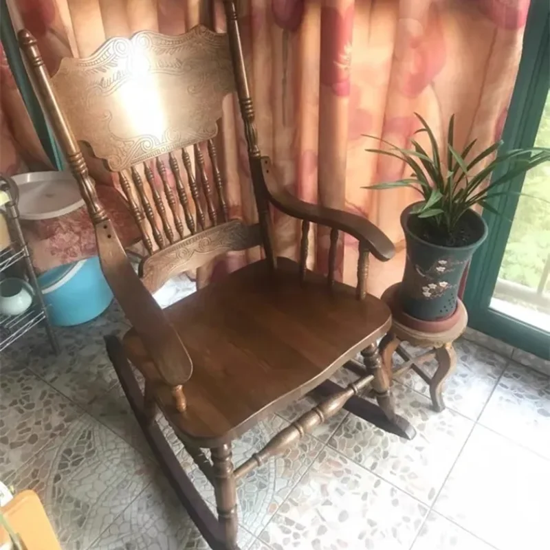Leisure Home Chairs for Balcony Vintage Solid Wood Backrest Rocking Chairs Recliner Cozy Armchair for Adults Indoor Furniture