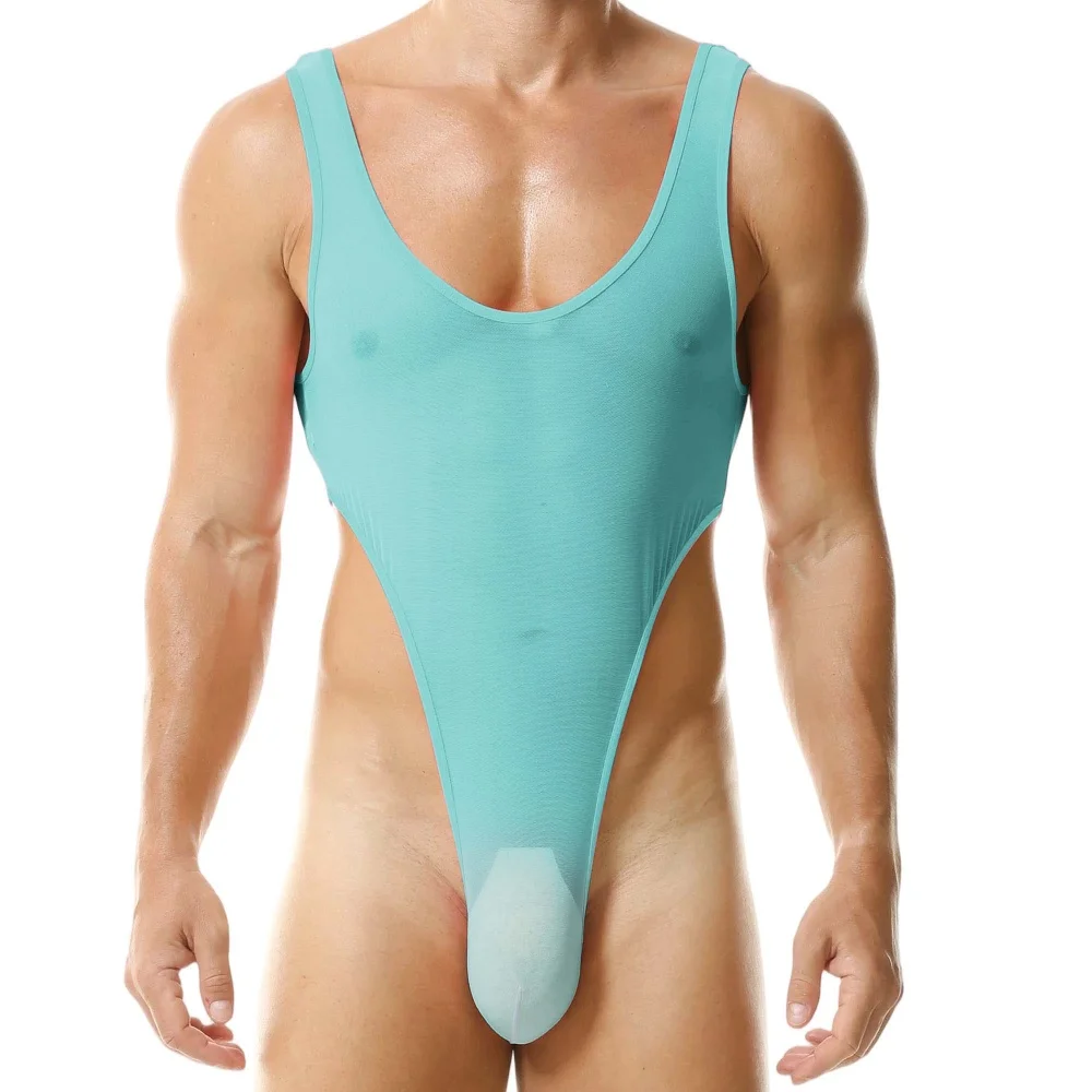 Sexy Thin Mens Undershirts Sleeveless Bodysuit Mesh See-through Breathable Jumpsuit High Cut Thongs One-piece Male Lingerie
