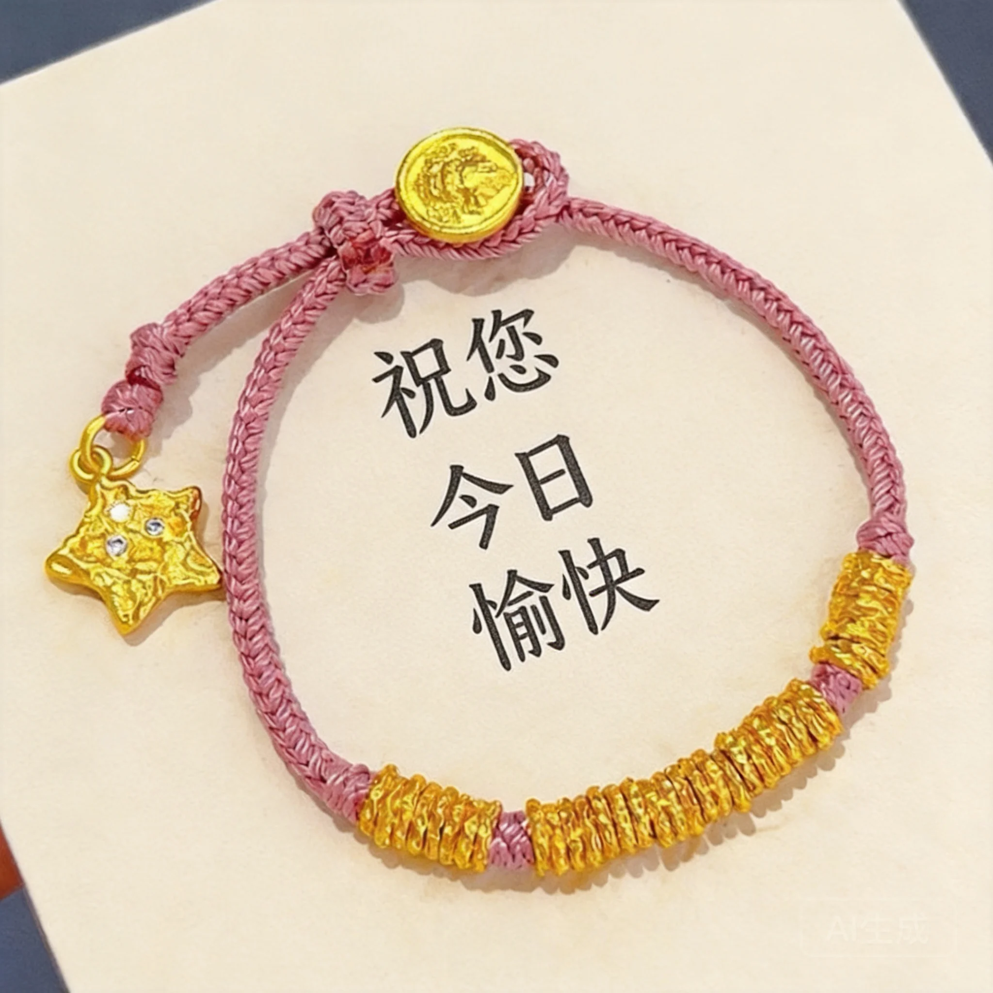 Chinese Style Lucky Blessing Pink Braided Bracelet Golden Star Pendant Adjustable Wealth Amulet Bracelet For Women Girls Cute