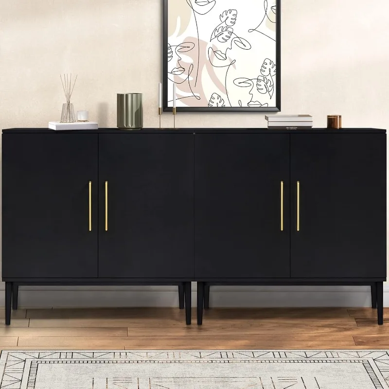 

Set of 2 Black Side Storage Cabinet, Free Standing Cabinets, Wood Accent Cabinet with Doors, Black Sideboard for Bedroom