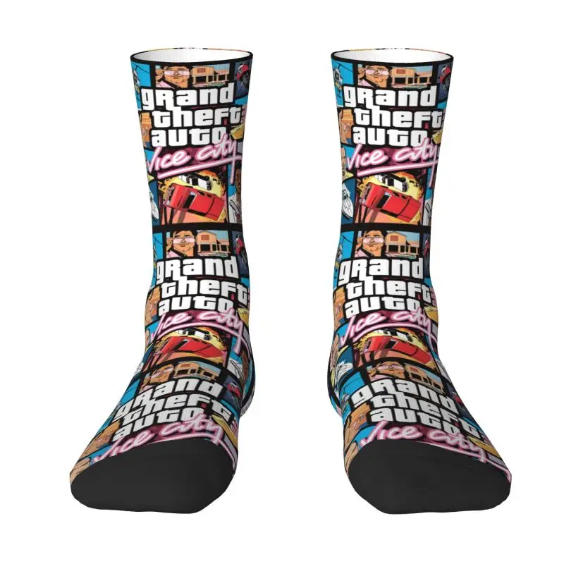 Kawaii Men's Adventure Game Grand Theft Auto Collage Dress Socks Unisex Comfortable Warm 3D Print GTA Crew Socks