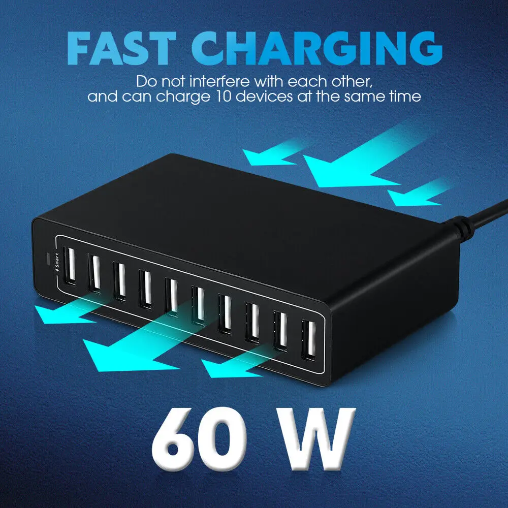 HUB Charger Power Wall Station Cable 10 Port Desktop USB High Power Fast Charging Multi-Port Mobile Phone Tablet Charging Head