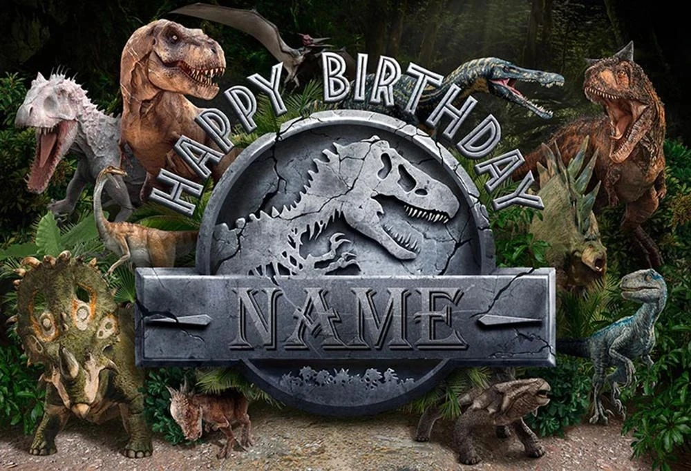 Studio fotografico su misura dei fondali della festa di compleanno del dinosauro del mondo del parco giurassico degli animali selvatici di Safari della giungla