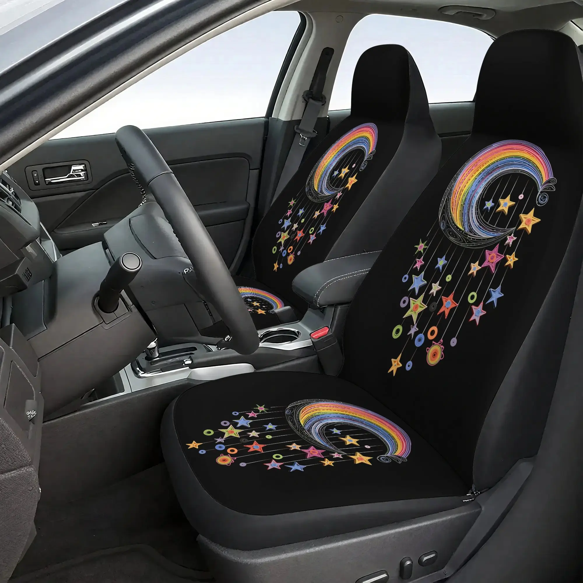 2D Plane 7pcs Set Quilling Wind Chime Print Car Seat Covers Set - Including 2 Front Seat Covers + 1 Rear Seat Back Cover + 1Rear