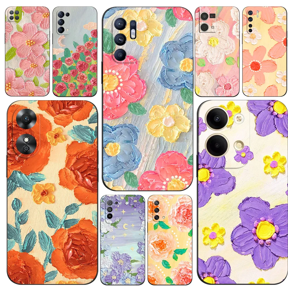 Black Tpu Case For OPPO A32 A33 A53 A53S A54 A55 A73 A74 A76 A77 A91 A94 A95 A93S A92S 4G 5G romantic lovely flower