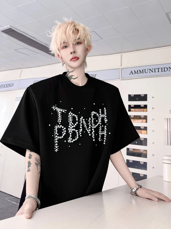 

Летняя повседневная футболка в американском стиле с ручной вышивкой бисером, свободного кроя, винтажная, для пар, модная, с круглым вырезом, для мужчин