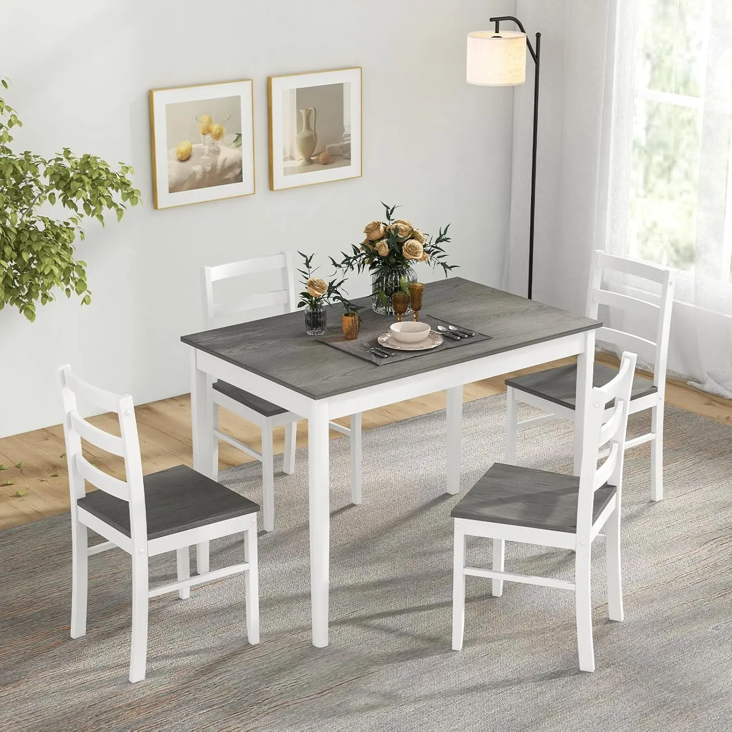 

Dining Table Set for 4, Farmhouse Solid Wood Dinette Set w/Rubber Wood Legs, Modern Dining Table and Chairs Set for Kitchen