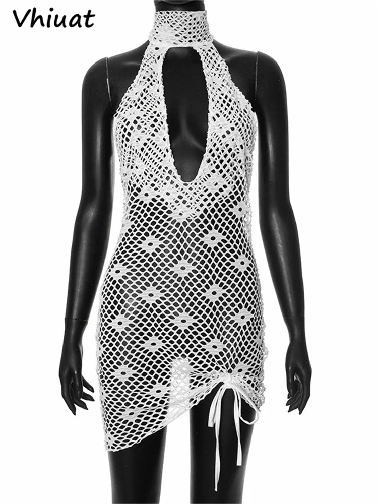 Vhiuat White Low Out Halter Sleeveless Backless Mini Dress Hollow Out Sexy Wrap Dresses Elegant Club Party Summer Beach Outfits