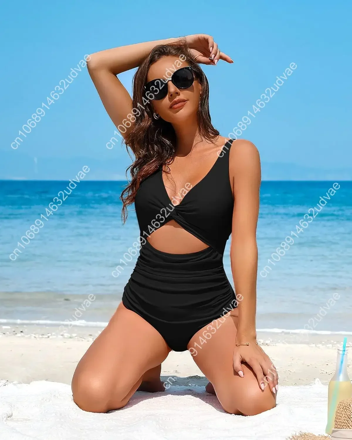 

Charmo Womens One Piece Swimsuit Ruched Tummy Control High Cut Backless V Neck Bathing Suits Swimwear