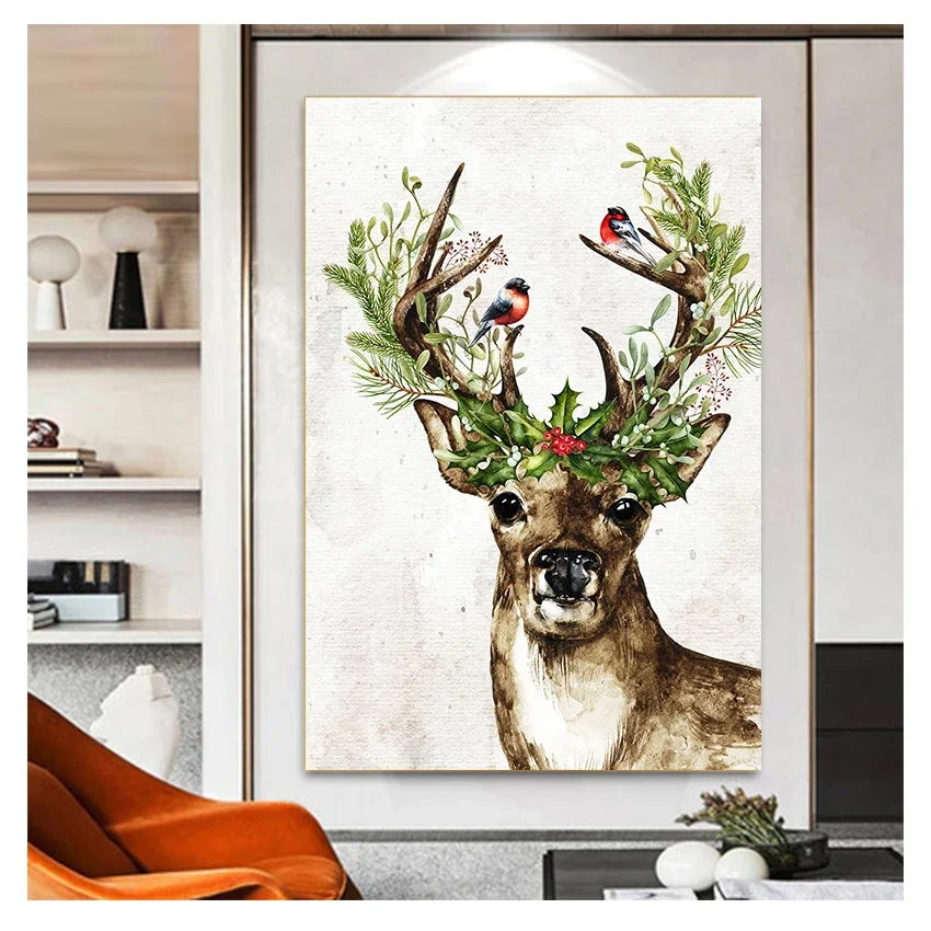 2026 Holly Berries Christmas Holiday Decoration Poster Wall Art Canvas  Farmhouse Decor Woodland Animal Deer Print Winter