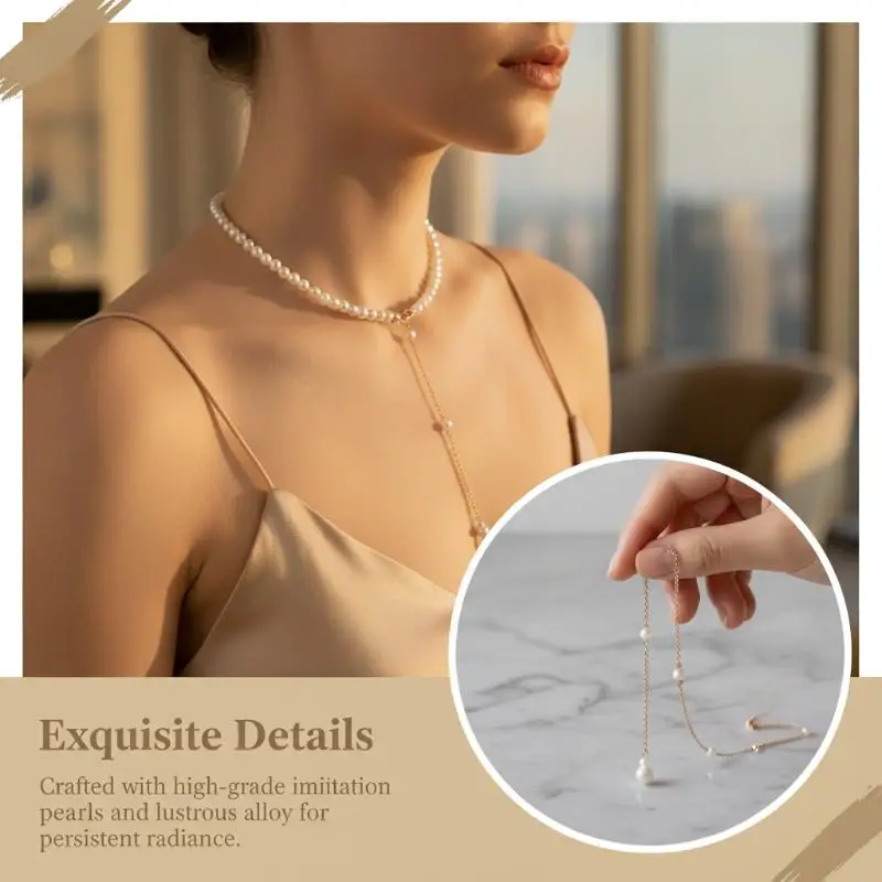 Luxury Faux Pearl Choker Necklace for Women Long Tassel Pendant Sparkly Chain for Wedding Bikini Festival Wear
