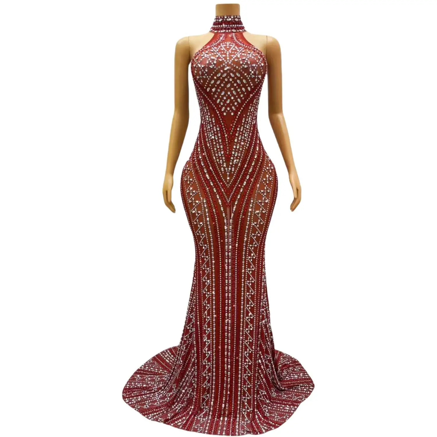 Zhusha Luxury Symmetric Vertical V Rhinestone Burgundy Mesh Mermaid Gown High Halter Neck Wedding Banquet Party Dress