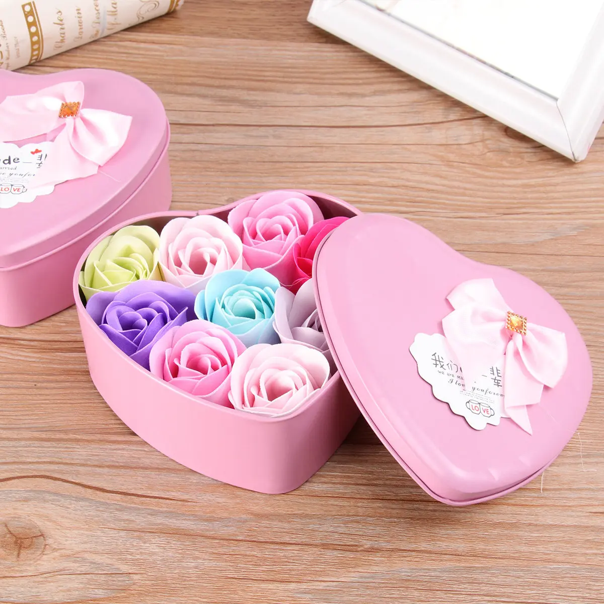 

2 Boxes Handcrafted Rose Soap Flowers in Decorative Heart-Shaped Tin Box Non-Toxic Sweet Scent Luxury Gift for Mom Girlfriend