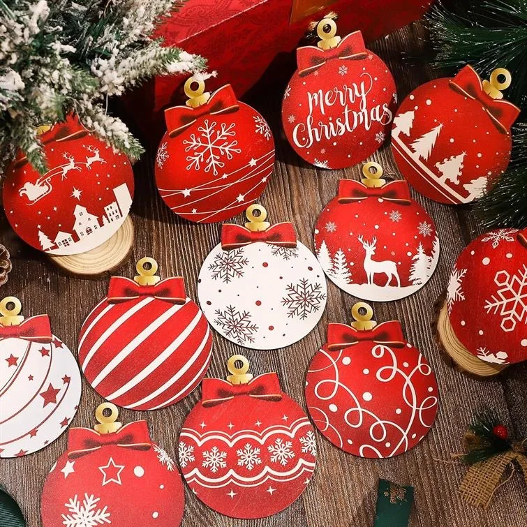 Merry Christmas Wooden Round Baubles Tags Xmas Tree Balls Pendants Decoration DIY Craft Ornaments New Year Navidad Home Decor