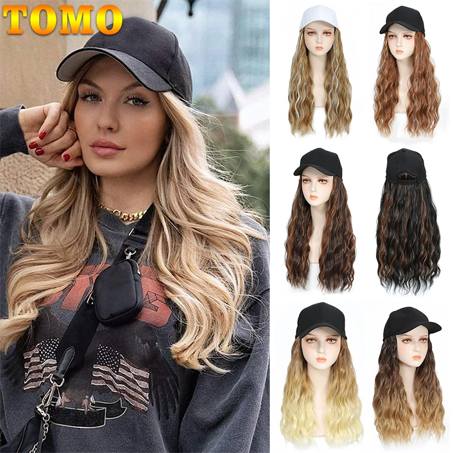 TOMO Baseball Kappe mit Haar Extensions für Frauen Einstellbar Hut mit Synthetische Perücke Befestigt 16 zoll Natürliche Wellenförmige Haar