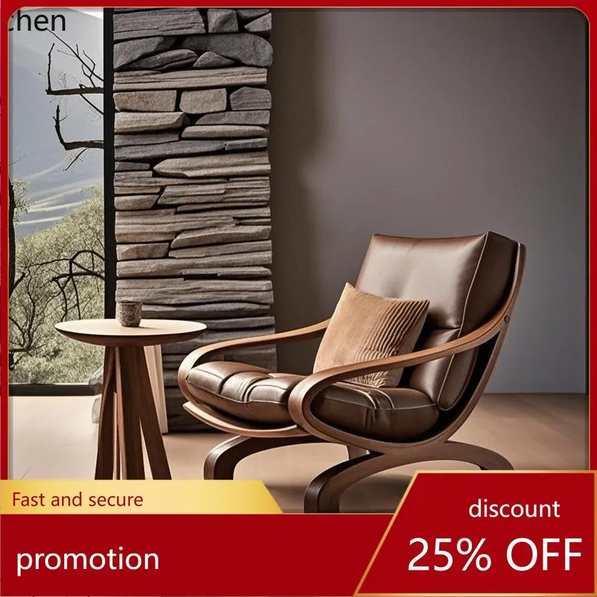 

CZ Black Walnut Sofa Chair High-End Leisure Chair Balcony Genuine Leather Single Chair Vintage Style