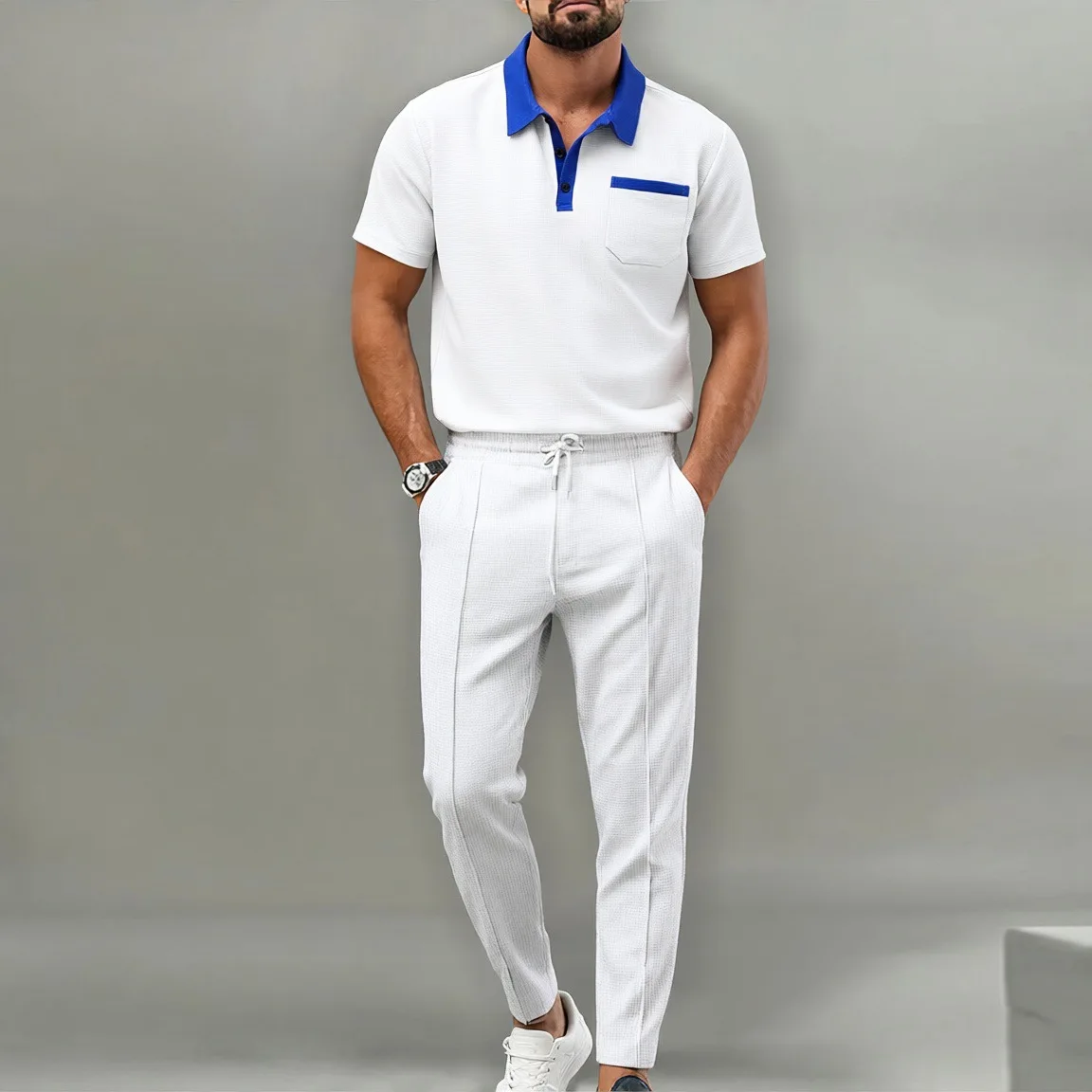 New Summer Men's Casual 2-Piece Outfit, Textured Waffle Short Sleeve Shirt & Drapey Athletic Pants, Loose Business Office m