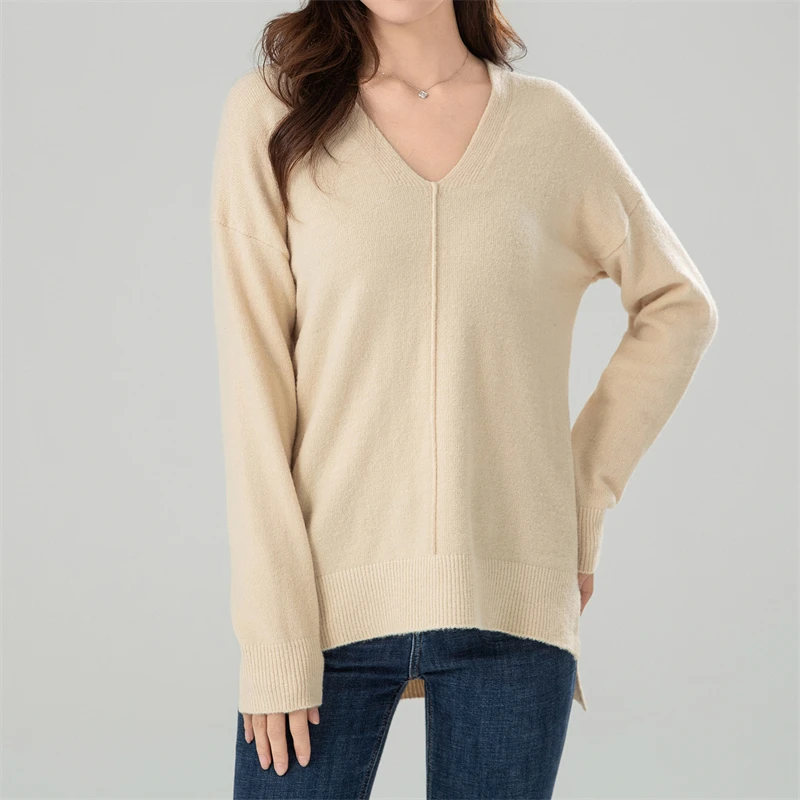 

Solid Knit Ribbed Sweater for Women V-Neck Pullovers Long Sleeve Knitted Top Casual Cozy Sweaters Elegant Woman Jumpers 2024