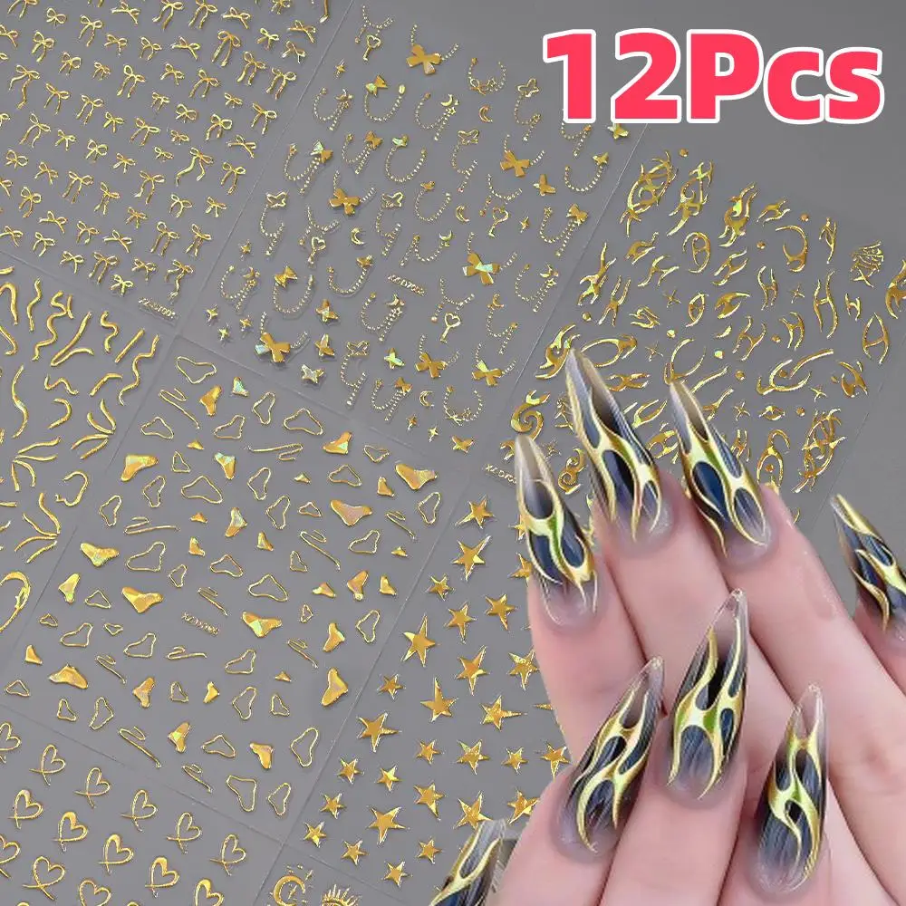 12Pcs 3D Laser Gold Flamme Stern Herz Nagel Aufkleber Unregelmäßige Linien Bowknot Französisch Kette Selbst-klebe Slider DIY maniküre Aufkleber
