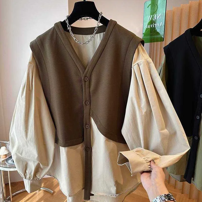 

Женская повседневная рубашка больших размеров (до 300 фунтов) с V-образным вырезом и пэчворком, осенняя, в корейском стиле, свободного кроя, с длинным рукавом, на одной пуговице