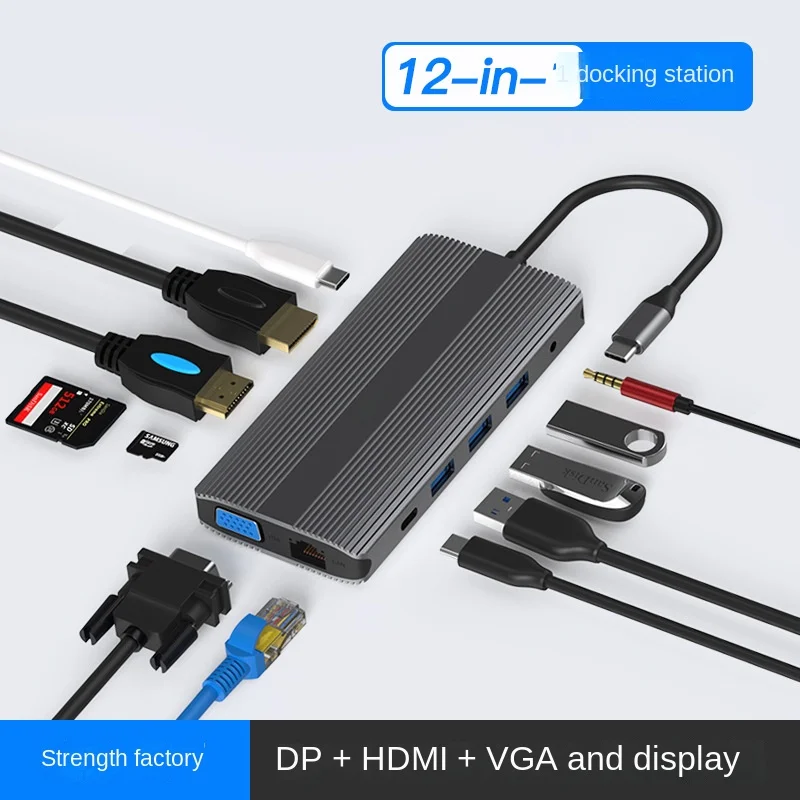 

Док-станция Typec 12-в-1, DP HDMI VGA, мультиэкранный дисплей, концентратор, док-станция расширения для быстрой зарядки 4K