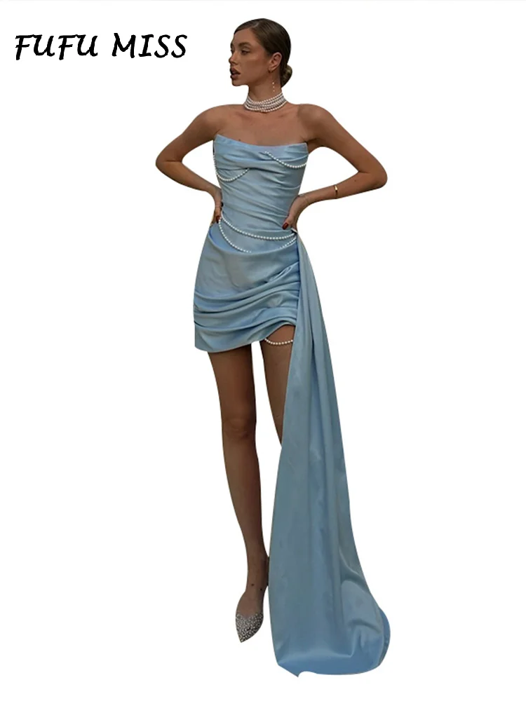 Elegant Mini Dress Women Slim Ribbons String of Pearls Tube Tops Above Knee Evening Dress Female Blue Party Satin Robe Lady