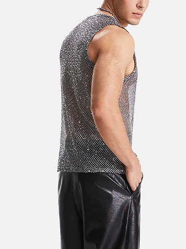 Mens Mesh Tank Top Glitter Sheer See Through Black Fishnet Top Sexy Tops to Show Muscle Shirt Sparkly Party Clubwear Costume