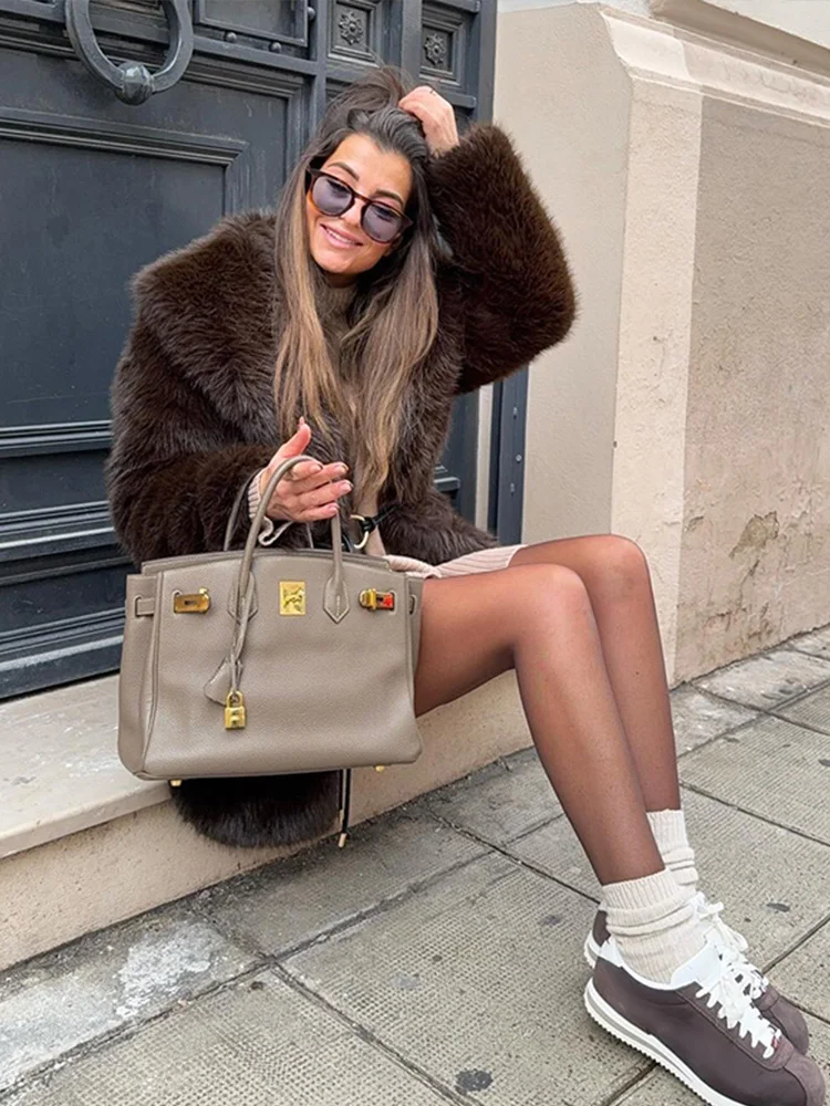 With Belt Fur Coat Fluffy Large Heart Shaped Waist Cinching Deep V Mid Length Overcoat Warm Plush Women Trend Outwear Winter Top
