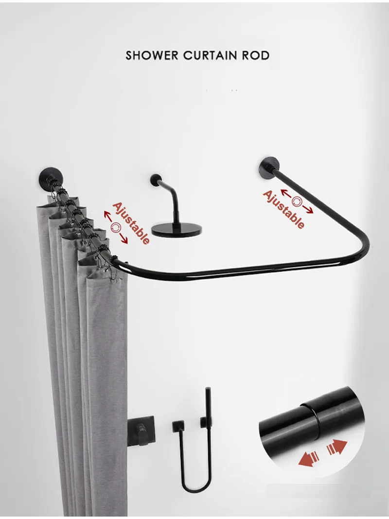 Classic Black U-Shaped Curtain Rods without Drilling,Telescopic Shower Rod, Stainless Steel Rail with Hooks for Bathroom