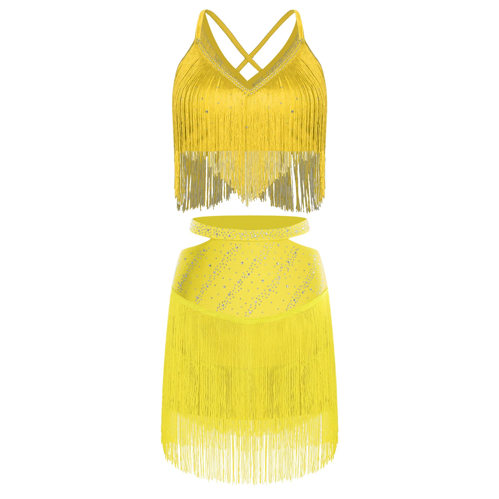 ملابس النساء اللاتينية التانغو شرابة أداء الرقص بلا أكمام هامش المحاصيل الأعلى وتنورة حزام مطاط لملابس الرقص تشا تشا #1