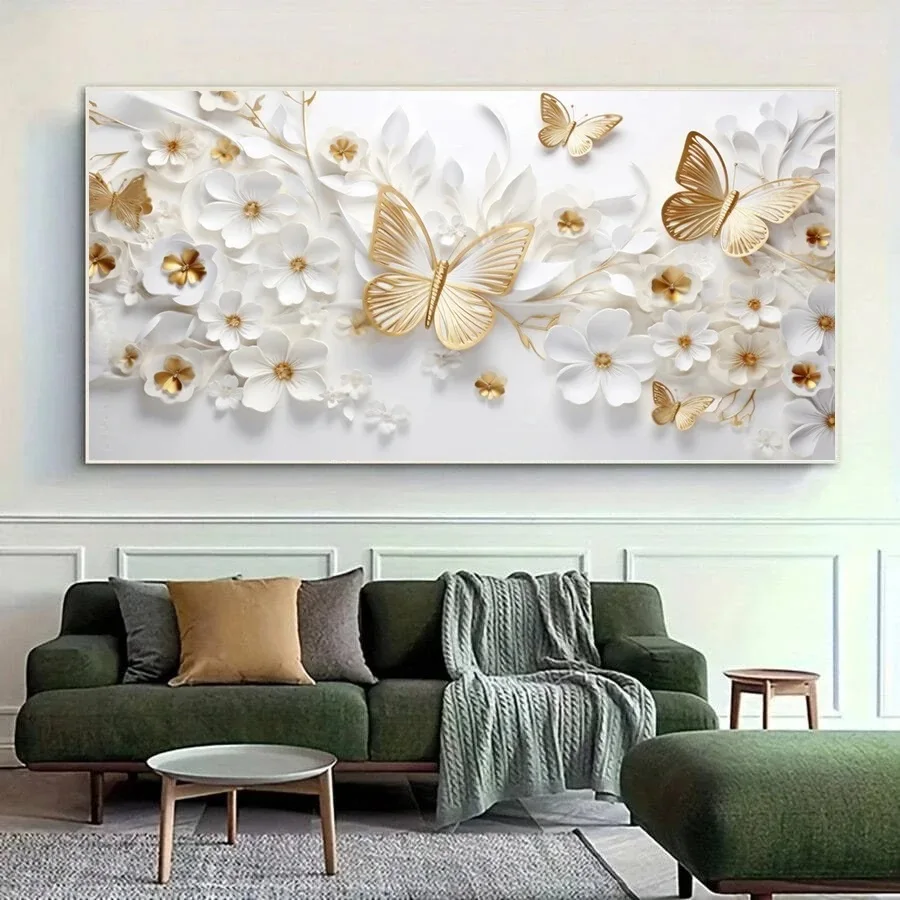 White Magnolia Flower Gold Butterfly 5D Diamond Painting Large Diy Mosaic Cross Stitch Embroidery Full Square Round Rhinestone