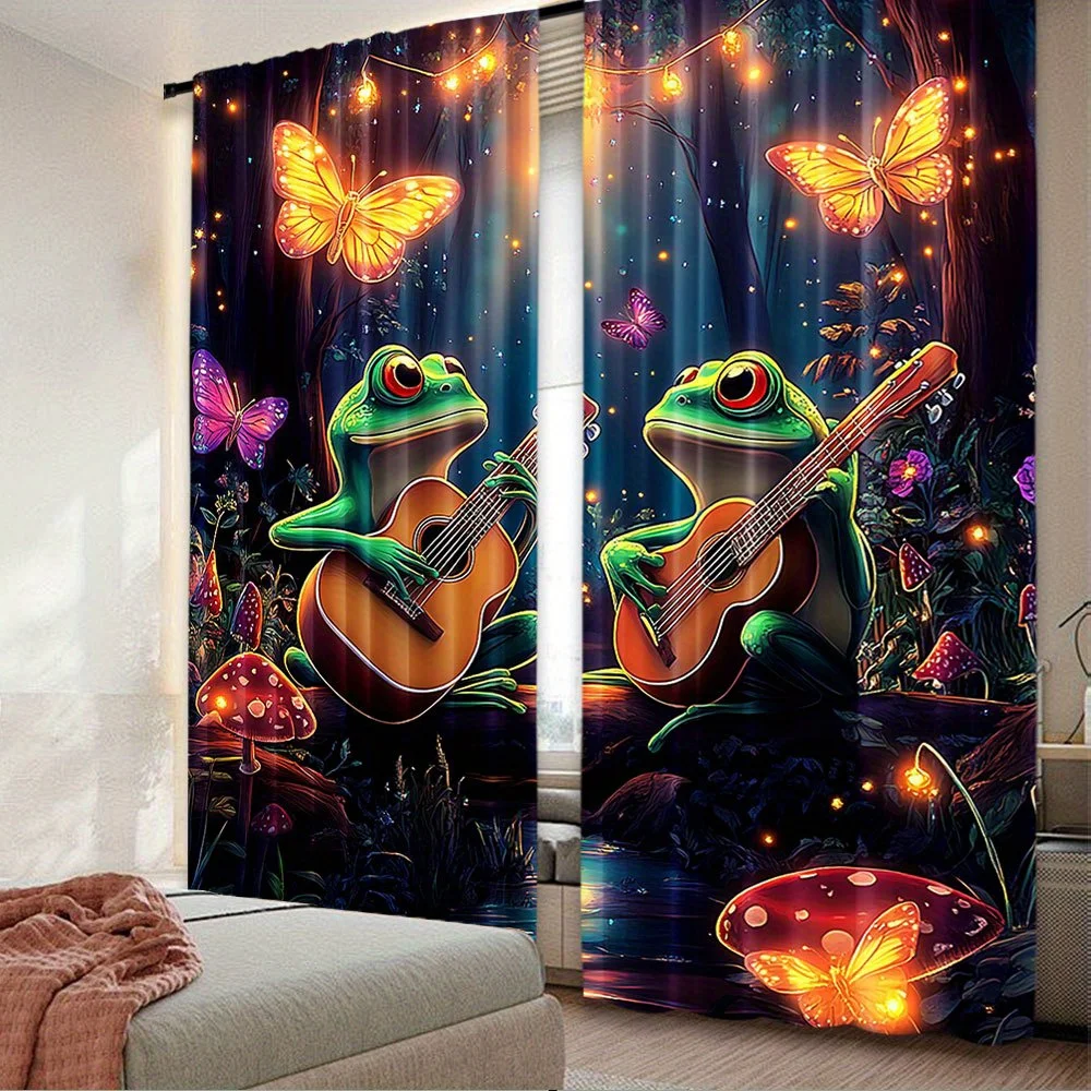 Enchanted Frog Guitar Butterfly Mushroom Jungle Curtain Panels Kids Room Decor Whimsical Nursery Window Treatment Drapes