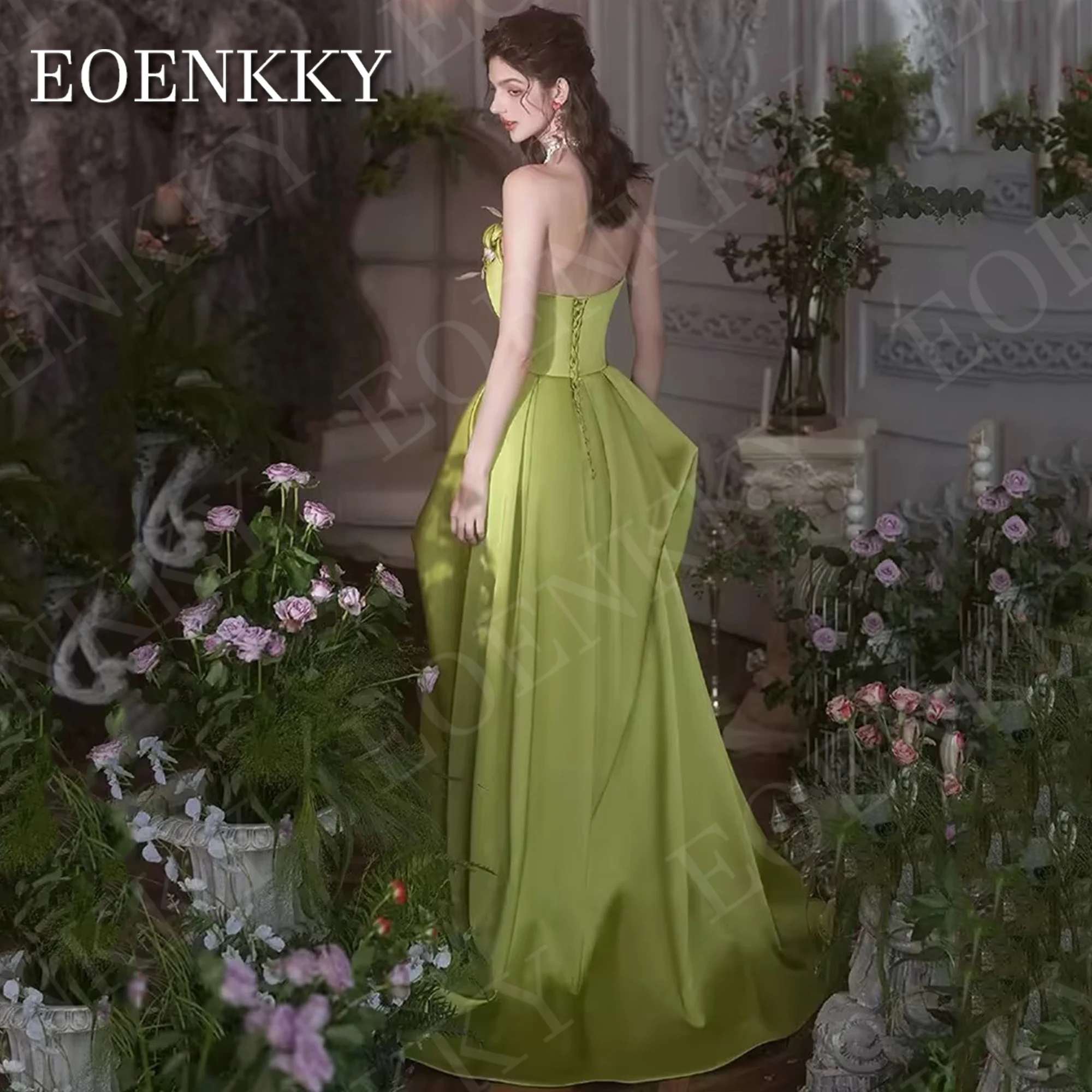 EOENKKY Elegant Satin Evening Dress Women Luxury 3D Flowers Prom Wedding Party Dresses Green A Line Backless فساتين سهره سعوديه