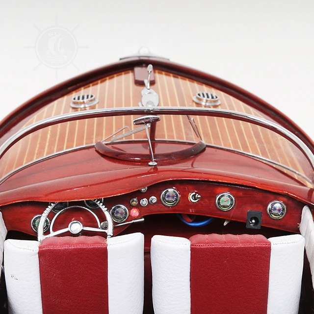Model boat handmade wooden painted with display stand collectible decoration