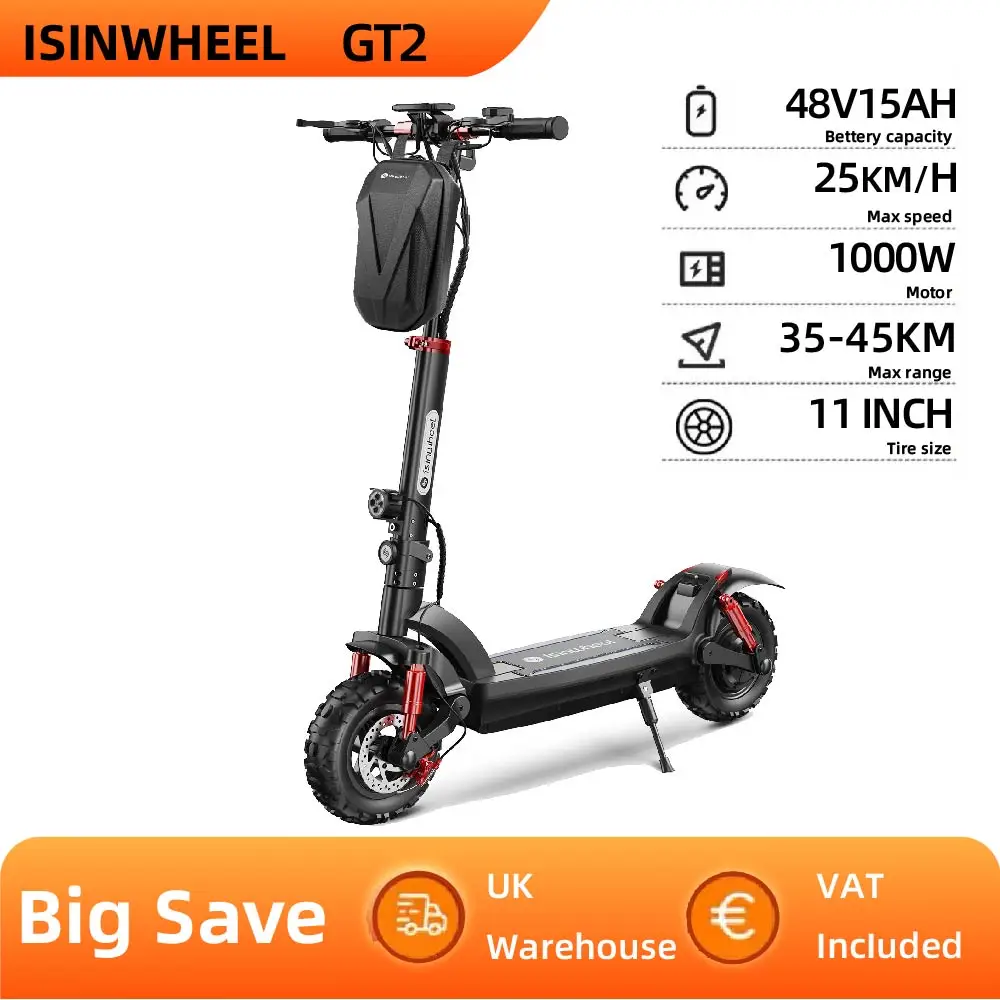 Isinwheel GT2 adult E-scooter, 1000W Motor, 48V15Ah Battery , Folding Electric scooter, 11-inch tire, off-road Escooter