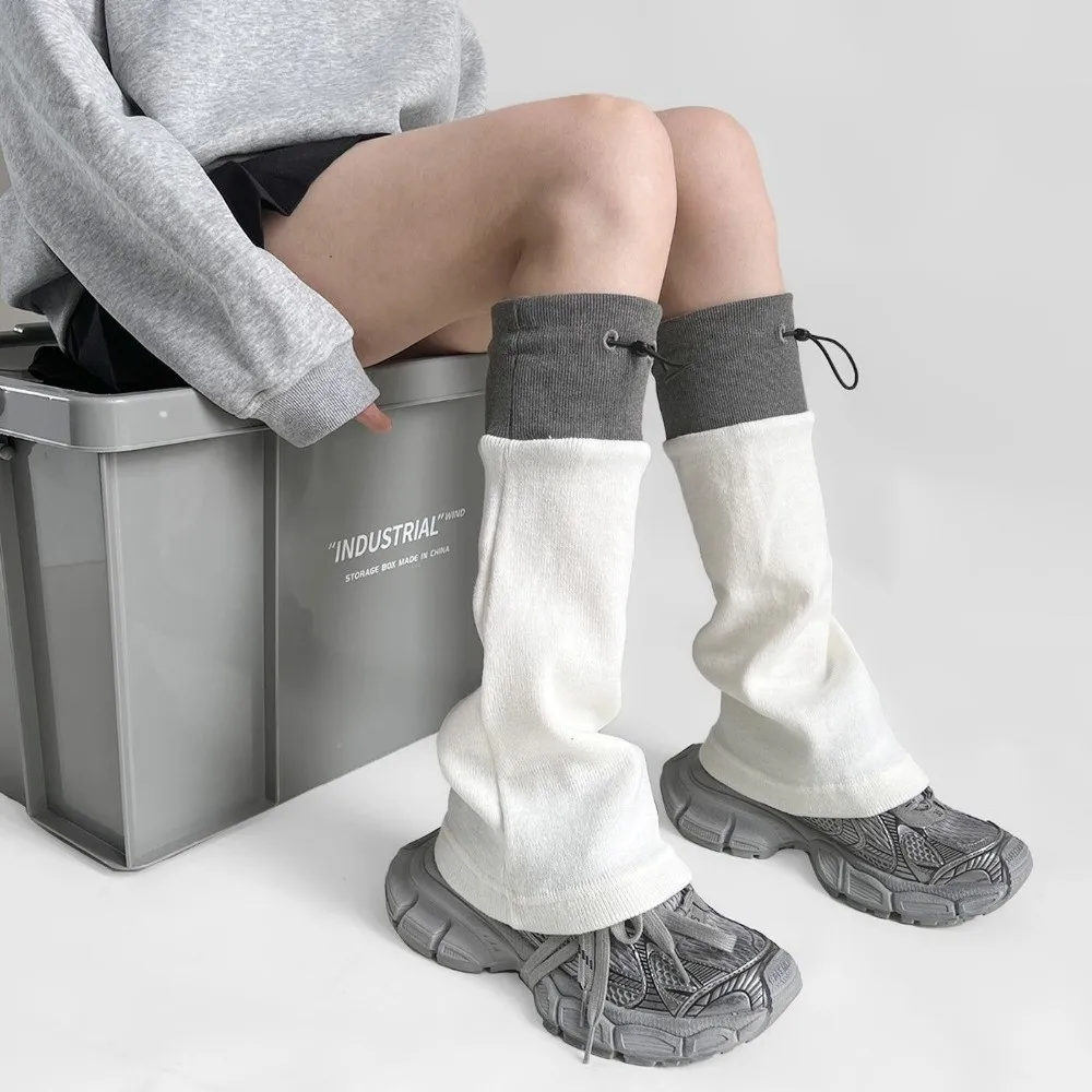 1 pair Harajuku Middle Tube Leg Warmers Breathable Adjustable Buckle Calf Socks Gray Spliced Drawstring Closure Boot Cuffs Women