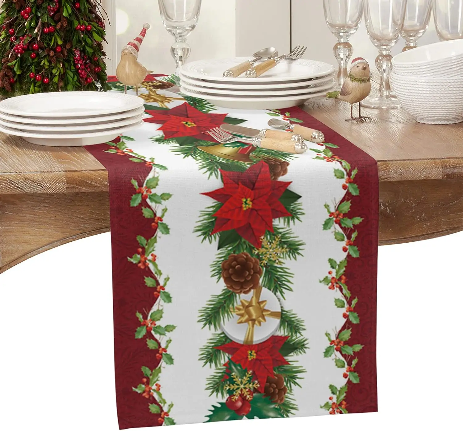 Christmas Red Poinsettia Flower Pine Snowflake Berry Linen Table Runners Home Decorations Durable Kitchen Dining Table Runners