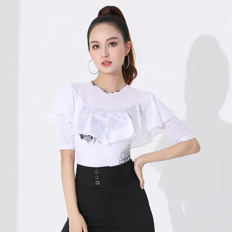 2023 Women Latin Dance Top Front Stitching V-neck Gauze Flounces Ballroom Costumes Female One-piece White Short Sleeve Shirt