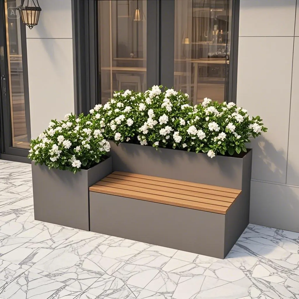 Outdoor stainless steel seat flower box shopping mall flower pool outdoor seat combination flower bed wrought iron planting slot