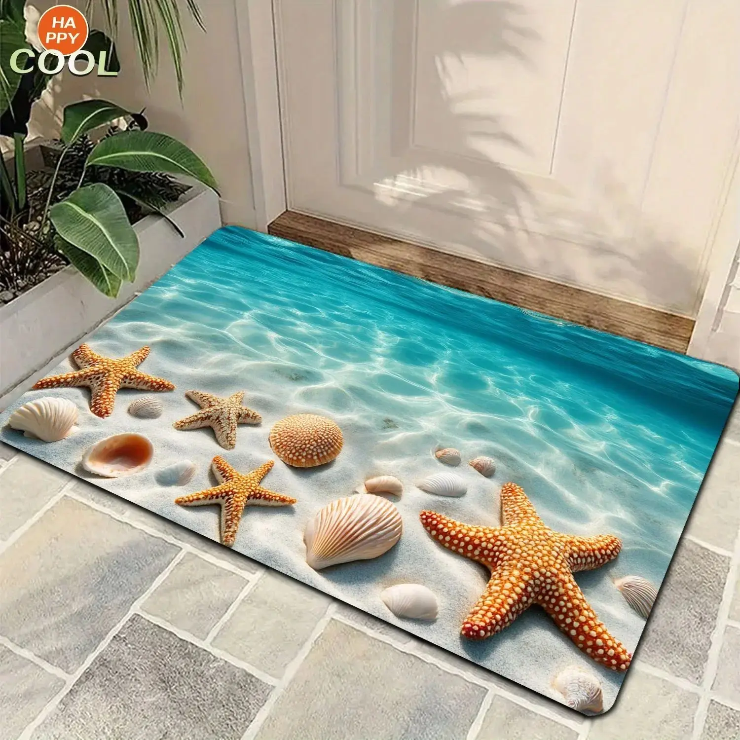 VIKAMA Ocean Wave Seashell Print Doormat Anti Slip Washable Welcome Mat Indoor Outdoor Home Decor