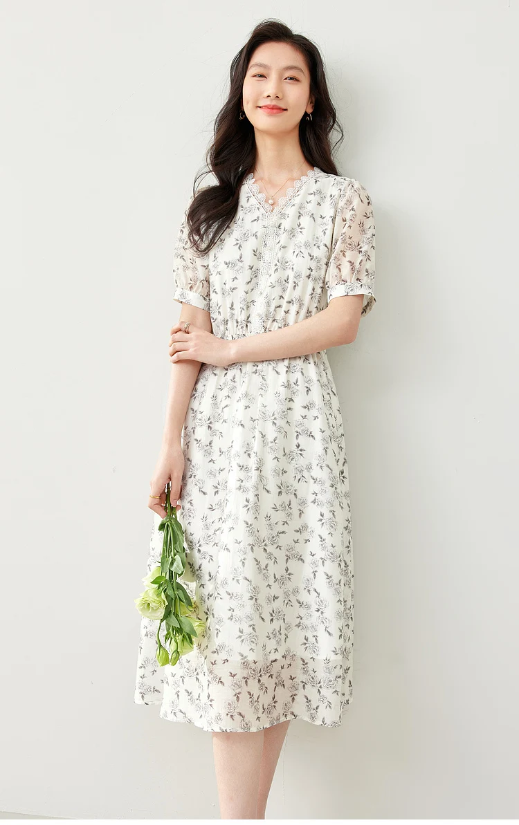 

VIMLY Women's Romantic Floral Printed Dress Summer New Chic Elegant V-Neck Slim Fit Waist-fitted Long Dresses Fragmented Long