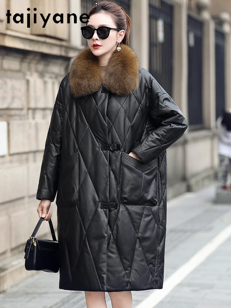 TAJIYANE 100% Skóra Owcza Kurtka Puchowa z Kaczym Puchem Damska Luksusowa Kurtka z Kołnierzem z Futra Lisa Płaszcz z Prawdziwej Skóry Odzież Zimowa Damska 2025 코트
